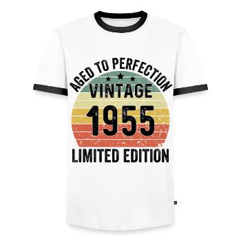 Aged To Perfection Vintage 1955 Limited Edition - Men's Ringer Shirt - white/black - Front - AI Model Female 172 light (172cm) & AI Model Male 178 dark (178cm)