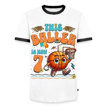 Fête d'anniversaire pour enfants du 7e anniversaire du basket-ball - T-shirt contrasté Homme - blanc/noir - Devant - AI Model Female 172 light (172cm) & AI Model Male 178 dark (178cm)