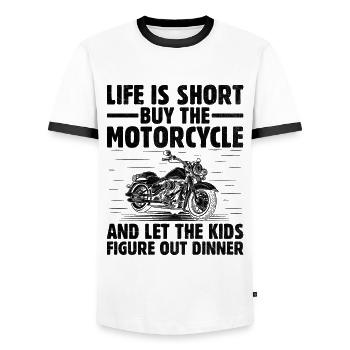 Das Leben ist kurz, aber das Motorrad und lass die Kinder - Männer Kontrast-T-Shirt - Weiß/Schwarz - Vorne - AI Model Female 172 light (172cm) & AI Model Male 178 dark (178cm)