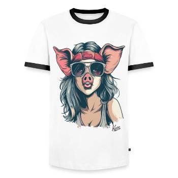 80s punk hippie girl as a cute piggy - Men's Ringer Shirt - white/black - Front - AI Model Female 172 light (172cm) & AI Model Male 178 dark (178cm)