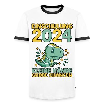 1st Grade Schoolchild Back to School Dino School Enrollment - Men's Ringer Shirt - white/black - Front - AI Model Female 172 light (172cm) & AI Model Male 178 dark (178cm)