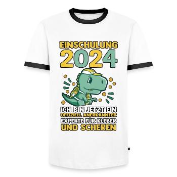 1st Grade Schoolchild Back to School Enrollment - Men's Ringer Shirt - white/black - Front - AI Model Female 172 light (172cm) & AI Model Male 178 dark (178cm)
