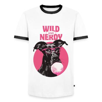 Deutsche Dogge mit Brille und Kaugummi - Männer Kontrast-T-Shirt - Weiß/Schwarz - Vorne - AI Model Female 172 light (172cm) & AI Model Male 178 dark (178cm)