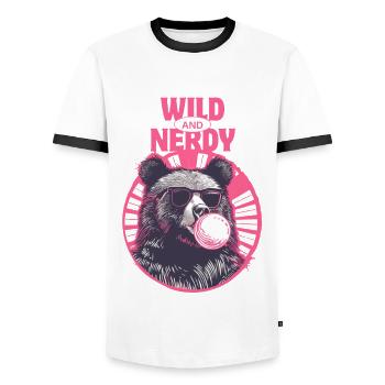 Bear with pink chewing gum and sunglasses - Men's Ringer Shirt - white/black - Front - AI Model Female 172 light (172cm) & AI Model Male 178 dark (178cm)