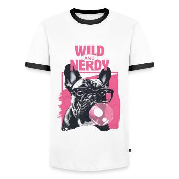 Bouledogue français avec lunettes et chewing-gum - T-shirt contrasté Homme - blanc/noir - Devant - AI Model Female 172 light (172cm) & AI Model Male 178 dark (178cm)