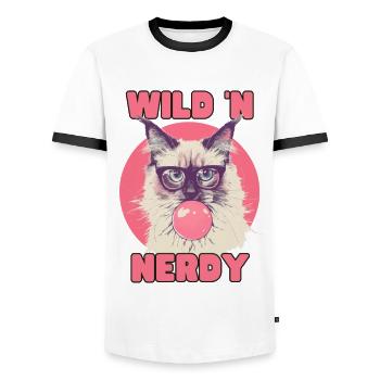 Ragdoll Katze mit Brille und pinkem Kaugummi - Männer Kontrast-T-Shirt - Weiß/Schwarz - Vorne - AI Model Female 172 light (172cm) & AI Model Male 178 dark (178cm)