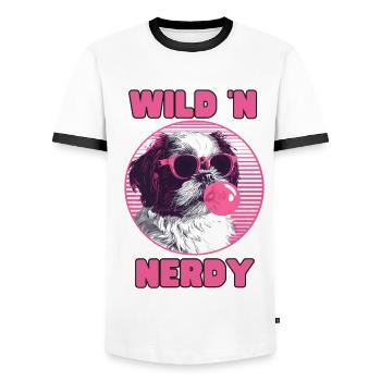 Shi Tzu with sunglasses and pink bubblegum - Men's Ringer Shirt - white/black - Front - AI Model Female 172 light (172cm) & AI Model Male 178 dark (178cm)