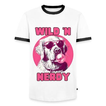 Labrador avec lunettes de soleil et chewing-gum rose - T-shirt contrasté Homme - blanc/noir - Devant - AI Model Female 172 light (172cm) & AI Model Male 178 dark (178cm)