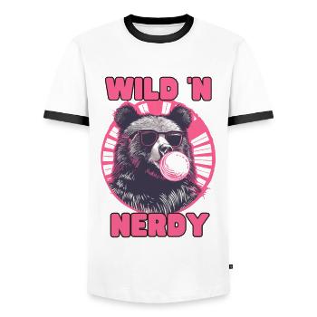 Bear with pink chewing gum and sunglasses - Men's Ringer Shirt - white/black - Front - AI Model Female 172 light (172cm) & AI Model Male 178 dark (178cm)