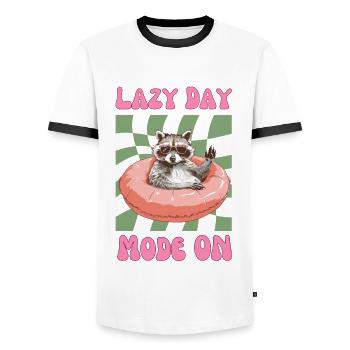 Waschbär mit Sonnebrille um pinken Schwimmreifen - Männer Kontrast-T-Shirt - Weiß/Schwarz - Vorne - AI Model Female 172 light (172cm) & AI Model Male 178 dark (178cm)