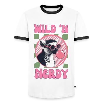 Lémurien avec lunettes de soleil et chewing-gum rose - T-shirt contrasté Homme - blanc/noir - Devant - AI Model Female 172 light (172cm) & AI Model Male 178 dark (178cm)