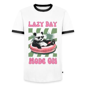 Panda mit Sonnenbrille im pinken Schwimmreifen - Männer Kontrast-T-Shirt - Weiß/Schwarz - Vorne - AI Model Female 172 light (172cm) & AI Model Male 178 dark (178cm)