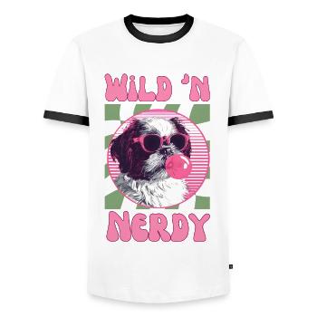 Shi Tzu with sunglasses and pink bubblegum - Men's Ringer Shirt - white/black - Front - AI Model Female 172 light (172cm) & AI Model Male 178 dark (178cm)