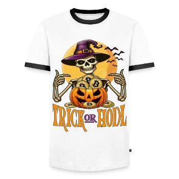 Drôle drôle Bitcoin squelette Halloween - T-shirt contrasté Homme - blanc/noir - Devant - AI Model Female 172 light (172cm) & AI Model Male 178 dark (178cm)