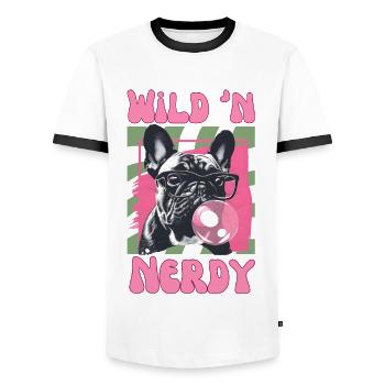 Bouledogue français avec lunettes et chewing-gum - T-shirt contrasté Homme - blanc/noir - Devant - AI Model Female 172 light (172cm) & AI Model Male 178 dark (178cm)