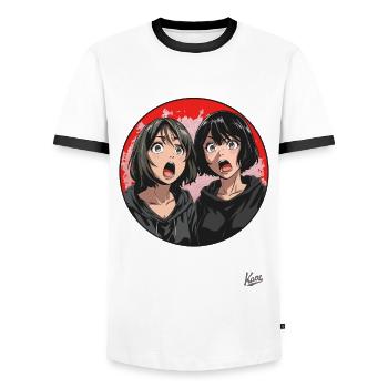 Zwei erstaunte Cartoon-Mädchen - Männer Kontrast-T-Shirt - Weiß/Schwarz - Vorne - AI Model Female 172 light (172cm) & AI Model Male 178 dark (178cm)