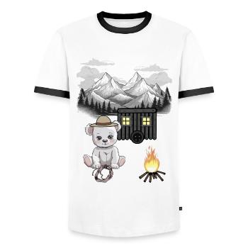 Teddy Bear Campfire Nature Mountain Nature Lover - Men's Ringer Shirt - white/black - Front - AI Model Female 172 light (172cm) & AI Model Male 178 dark (178cm)