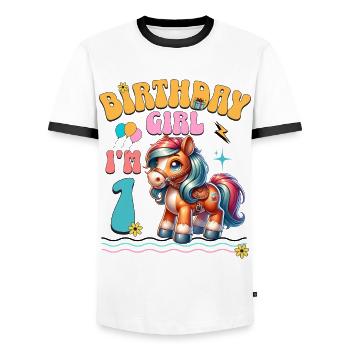 1er anniversaire fille équitation - T-shirt contrasté Homme - blanc/noir - Devant - AI Model Female 172 light (172cm) & AI Model Male 178 dark (178cm)
