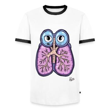Funny lungs with eyes: Take a deep breath! - Men's Ringer Shirt - white/black - Front - AI Model Female 172 light (172cm) & AI Model Male 178 dark (178cm)