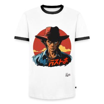 Bob de cow-boy gringo japonais : l’Orient rencontre l’Occident - T-shirt contrasté Homme - blanc/noir - Devant - AI Model Female 172 light (172cm) & AI Model Male 178 dark (178cm)