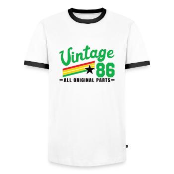 1986 Birthday Vintage All Original Parts No III - Men's Ringer Shirt - white/black - Front - AI Model Female 172 light (172cm) & AI Model Male 178 dark (178cm)
