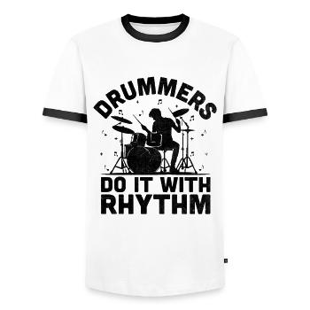 Drummers Do It With Rhythm Drummer Drum Drumming - Men's Ringer Shirt - white/black - Front - AI Model Female 172 light (172cm) & AI Model Male 178 dark (178cm)