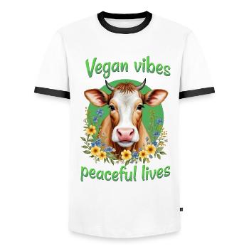 Vibrations végétaliennes, vies paisibles - T-shirt contrasté Homme - blanc/noir - Devant - AI Model Female 172 light (172cm) & AI Model Male 178 dark (178cm)