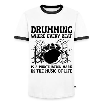 Tambourinage où chaque battement est un signe de ponctuation - T-shirt contrasté Homme - blanc/noir - Devant - AI Model Female 172 light (172cm) & AI Model Male 178 dark (178cm)