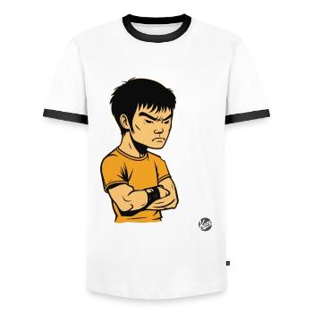 Bruce "the Offended" Kung FU Master Lee - Men's Ringer Shirt - white/black - Front - AI Model Female 172 light (172cm) & AI Model Male 178 dark (178cm)