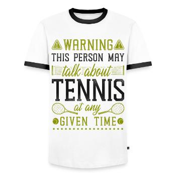 Avertissement de raquette de joueur de tennis drôle - T-shirt contrasté Homme - blanc/noir - Devant - AI Model Female 172 light (172cm) & AI Model Male 178 dark (178cm)