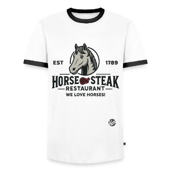 Lustiges Restaurant Design "Pferde Steak" Satire - Männer Kontrast-T-Shirt - Weiß/Schwarz - Vorne - AI Model Female 172 light (172cm) & AI Model Male 178 dark (178cm)