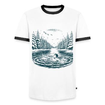Un baigneur de glace prend un bain de glace dans le lac froid en hiver - T-shirt contrasté Homme - blanc/noir - Devant - AI Model Female 172 light (172cm) & AI Model Male 178 dark (178cm)