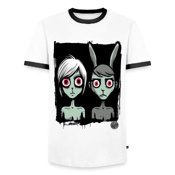 Two gloomy girls as cartoon characters - Men's Ringer Shirt - white/black - Front - AI Model Female 172 light (172cm) & AI Model Male 178 dark (178cm)