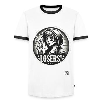 Edgy Alternative Goth Punk Girl: Losers - Men's Ringer Shirt - white/black - Front - AI Model Female 172 light (172cm) & AI Model Male 178 dark (178cm)