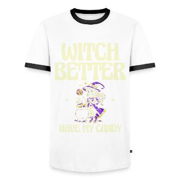 Hexe Besser Meine Süßigkeiten, Halloween Humor - Männer Kontrast-T-Shirt - Weiß/Schwarz - Vorne - AI Model Female 172 light (172cm) & AI Model Male 178 dark (178cm)