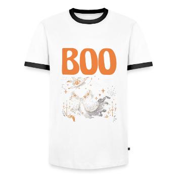 J’ai le boo dans Bootiful, jeux de mots d’Halloween - T-shirt contrasté Homme - blanc/noir - Devant - AI Model Female 172 light (172cm) & AI Model Male 178 dark (178cm)