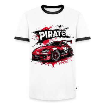 Chibi JDM Pirate Street Racer Car - Men's Ringer Shirt - white/black - Front - AI Model Female 172 light (172cm) & AI Model Male 178 dark (178cm)