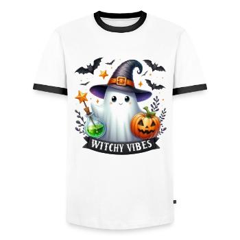 Partenaire d’Halloween Look Witchy Vibes Design - T-shirt contrasté Homme - blanc/noir - Devant - AI Model Female 172 light (172cm) & AI Model Male 178 dark (178cm)
