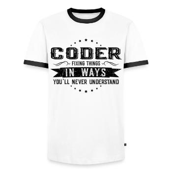 Programmer Colleagues Gift Profession Saying - Men's Ringer Shirt - white/black - Front - AI Model Female 172 light (172cm) & AI Model Male 178 dark (178cm)