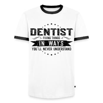 Dentist Colleagues Gift Profession Saying Funny - Men's Ringer Shirt - white/black - Front - AI Model Female 172 light (172cm) & AI Model Male 178 dark (178cm)