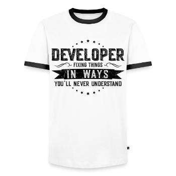 Entwickler Kollegen Geschenk Beruf Spruch Lustig - Männer Kontrast-T-Shirt - Weiß/Schwarz - Vorne - AI Model Female 172 light (172cm) & AI Model Male 178 dark (178cm)