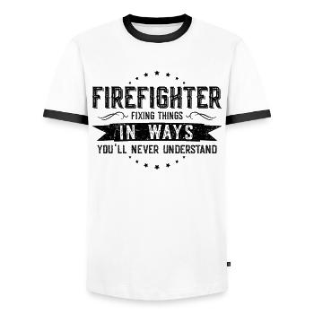 Les collègues pompiers offrent un dicton de profession - T-shirt contrasté Homme - blanc/noir - Devant - AI Model Female 172 light (172cm) & AI Model Male 178 dark (178cm)