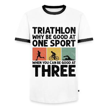 Triathlon Warum in einer Sportart gut sein, wenn man es sein kann - Männer Kontrast-T-Shirt - Weiß/Schwarz - Vorne - AI Model Female 172 light (172cm) & AI Model Male 178 dark (178cm)