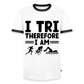 I Tri Therefore I Am Swim Bike Run Triathlete - Men's Ringer Shirt - white/black - Front - AI Model Female 172 light (172cm) & AI Model Male 178 dark (178cm)