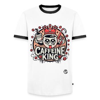 Retro Cartoon-Kaffeetasse: Koffein-König - Männer Kontrast-T-Shirt - Weiß/Schwarz - Vorne - AI Model Female 172 light (172cm) & AI Model Male 178 dark (178cm)