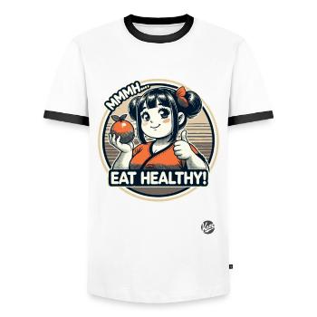 Cheerful healthy cartoon girl with fruit - Men's Ringer Shirt - white/black - Front - AI Model Female 172 light (172cm) & AI Model Male 178 dark (178cm)