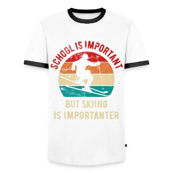 School is important but skiing is importanter - Men's Ringer Shirt - white/black - Front - AI Model Female 172 light (172cm) & AI Model Male 178 dark (178cm)