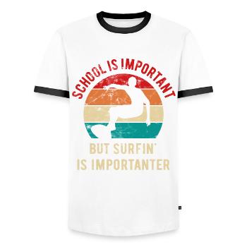 L’école est importante, mais le surf est plus important - T-shirt contrasté Homme - blanc/noir - Devant - AI Model Female 172 light (172cm) & AI Model Male 178 dark (178cm)