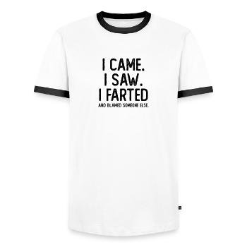 I Came I Saw I Farted Funny Humor Sarcastic - Men's Ringer Shirt - white/black - Front - AI Model Female 172 light (172cm) & AI Model Male 178 dark (178cm)