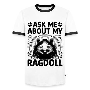 Frag mich nach meinem Ragdoll Ragdolls Katzenliebhaber - Männer Kontrast-T-Shirt - Weiß/Schwarz - Vorne - AI Model Female 172 light (172cm) & AI Model Male 178 dark (178cm)